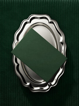 Restaurant Menu Cover Mockup on Elegant Silver Tray, Top View.