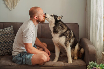 Man kissing the muzzle of his husky on a sofa © iwavephoto