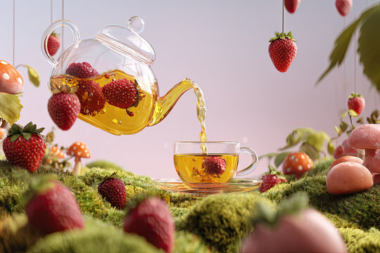 A bright, colorful tea packaging composition. A modern, vibrant teapot floating in mid-air, pouring golden tea into a matching cup standing on a soft berry meadow. The meadow is lush and green, covere