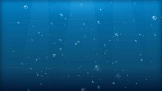 Animated deep blue underwater background featuring transparent air bubbles floating upwards towards soft sunbeams, creating a serene, calm, and refreshing aquatic motion graphic loop design.