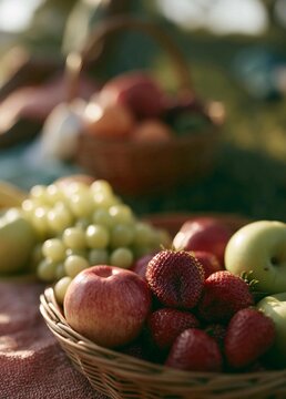 Basket of fresh fruits on a table. the basket is made of woven straw and is filled with a variety of fruits, including apples, strawberries, and green apples.