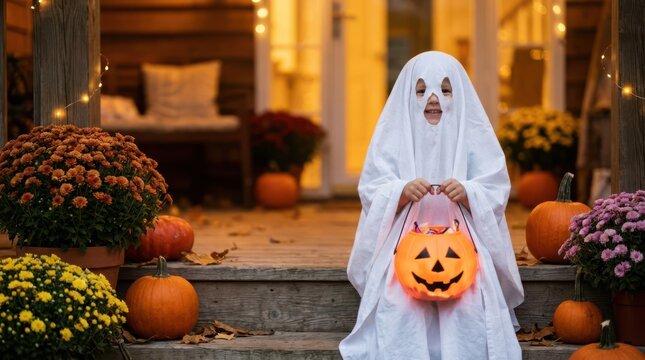 Young child wearing a classic ghost costume holding a glowing pumpkin bucket on porch steps.