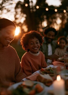 Family of four sitting at a table in a garden at sunset. the table is set with plates of food and candles, and the family is smiling and enjoying each other's company.