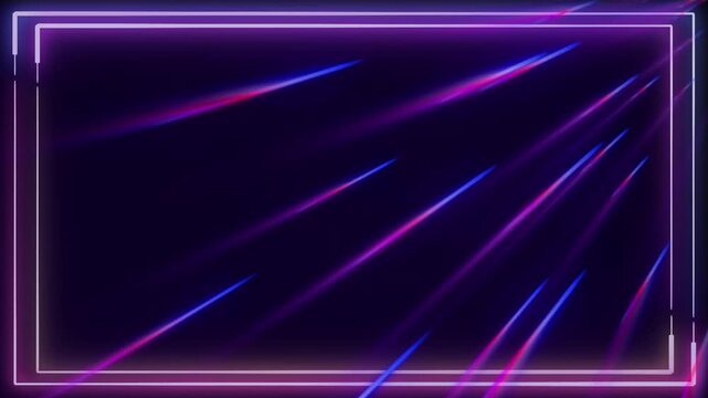 Three glowing rectangular frames with dynamic blue and purple light streaks moving across a dark background with frames diagonal video three presentation composition