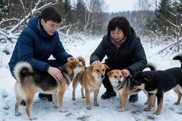 Naklejka premium Teenager and woman pet dogs in snowy forest. Volunteers show kindness, care for animals during cold winter day. Happy pets receive affection, seeking companionship.