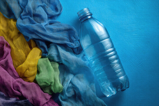 Plastic recycling and reuse concept. Empty plastic bottle and various fabrics made of recycled polyester fiber synthetic fabric on a blue background. Environmental protection waste recycling.