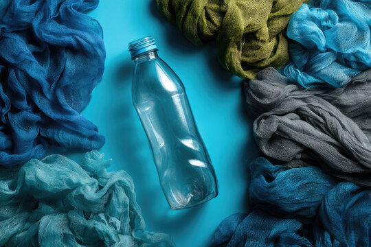 Plastic recycling and reuse concept. Empty plastic bottle and various fabrics made of recycled polyester fiber synthetic fabric on a blue background. Environmental protection waste recycling.