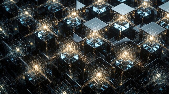 Abstract network of glowing cubes interconnected by light streams. Represents digital connections, data flow, and AI infrastructure. Futuristic concept of a complex computational system.