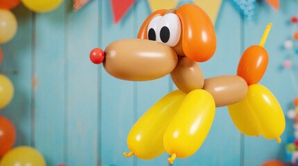Naklejka premium Funny balloon dog animal flies in air against bright blue wall. Colorful balloon sculpture decorates party room with festive flags. Creative toy dog floats near birthday decorations for kids