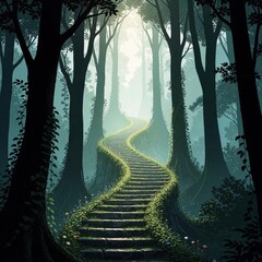 Naklejka premium Stone stpic covered in green moss wind upwards into a misty, sunlit forest. Tall trees frame the path guiding viewers toward a bright, unknown destination. Nature reclaims ancient structure.