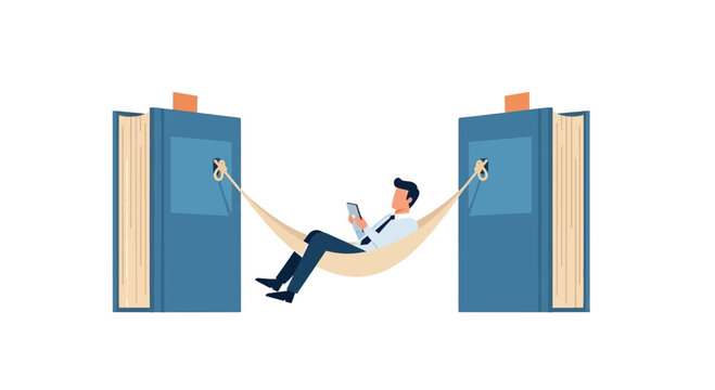 Businessman Relaxing in Hammock Between Giant Books While Using Tablet, Concept of Lifelong Learning, E-learning and Work-Life Balance Illustration