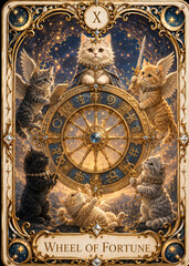 Obraz premium Cute Cat Tarot Card Wheel of Fortune in Luxury Mystical Style
