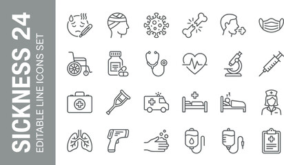 Obraz premium Sickness line icons set of 24 medical symbols. Healthcare and disease vector collection. Hospital equipment and patient care outline graphics.