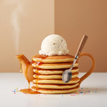 A whimsical and creative stack of freshly baked pancakes shaped like a teapot, topped with a scoop of vanilla ice cream, dripping caramel syrup, and colorful sprinkles against a neutral background.

