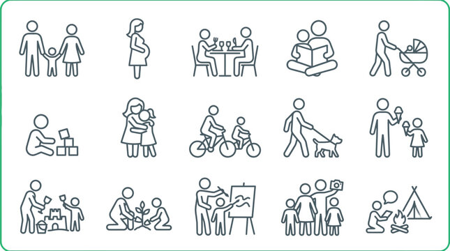Family life line icons set, 15 parenting and childhood vector symbols, minimalist family activities and relationship outline graphics