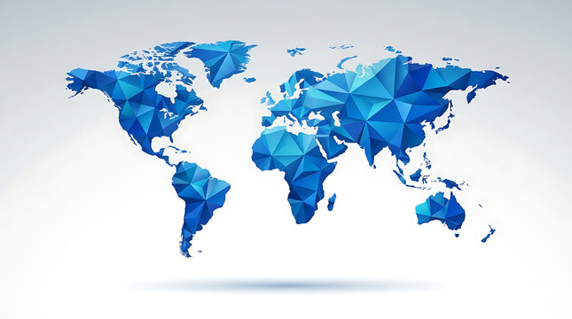 Blue World Map Illustration with Low Poly Style on White Background
