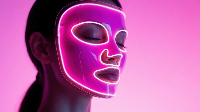 Young woman wears glowing pink LED face mask for skin care. Futuristic beauty tech treatment at home spa. Neon light therapy rejuvenates facial skin. Modern cosmetic science helps achieve healthy