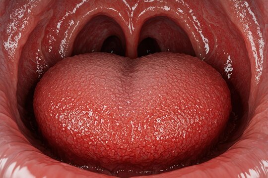 Macro view of open mouth showing swollen uvula, red throat. Human tongue, inflamed throat mucosa indicate uvulitis infection. Patient suffers from sore throat, pain, virus. Close up medical