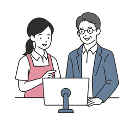 Fototapeta premium パソコン画面を見ながらケアマネージャーと打ち合わせする女性介護士（申し送り・ケアプラン・介護ソフト・DX・多職種連携）
