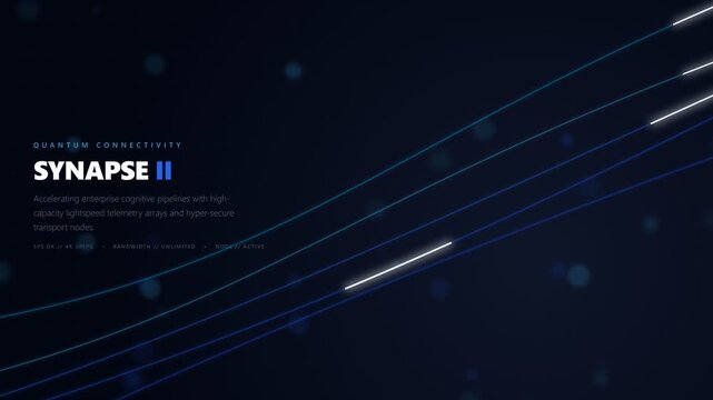 Futuristic digital HUD screen with quantum connectivity telemetry text, glowing blue data lines, and white lightspeed pulse signals animating on dark particle background, tech graphic.