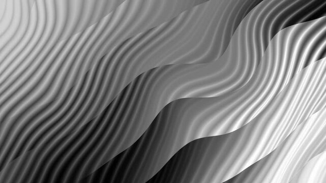 Black and white 3d wave abstract background loop. Silver wavy smooth line gradient video. Modern monochrome fluid motion graphic pattern.