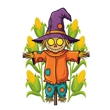 Pixel art scarecrow standing in a corn field