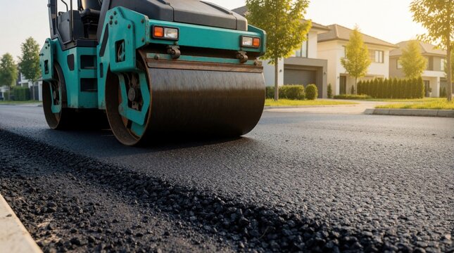 Road roller compacts fresh asphalt pavement on suburban street. Construction machine flattens surface near new houses. Asphalt paving work at daytime.