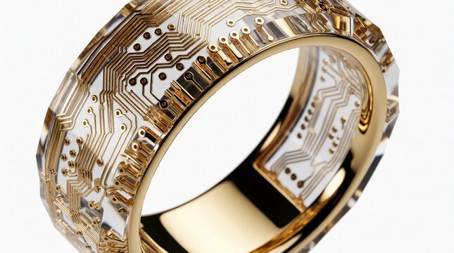 Gold ring with circuit board pattern. Futuristic jewelry design merges tech and luxury. Shiny metal accessory on white background. Modern style for future fashion.