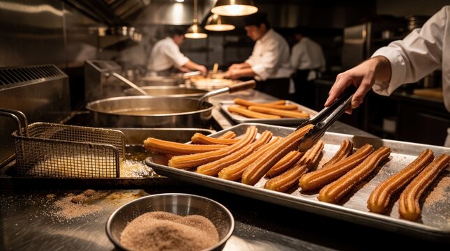Pro chef uses metal tongs to arrange fried churros on steel tray. Cook prepares sweet Spanish pastry in restaurant kitchen. Golden crispy dessert with cinnamon sugar near deep fryer. Culinary staff