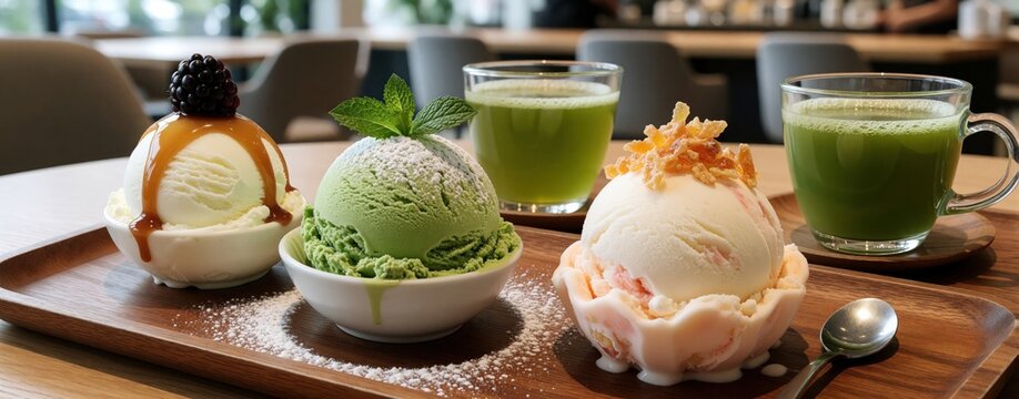 Three tasty ice cream scoops served on wooden tray in modern cafe. Vanilla with caramel, matcha green tea, berry flavors. Fresh green tea drinks beside sweets. Delicious cold dessert with mint,
