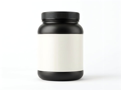Black plastic jar for protein powder with blank label isolated on white background