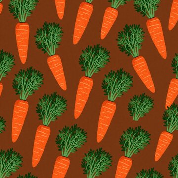 Orange carrots with green leafy tops create a repeating pattern. The illustration has a dark brown background. This design is perfect for food related projects and agricultural themes.