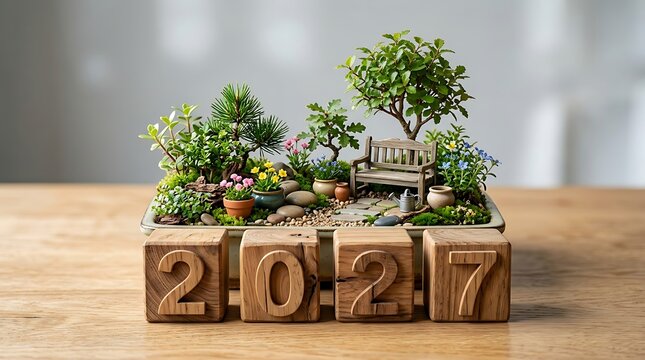 Miniature landscape growing on wooden blocks displaying the year 2017