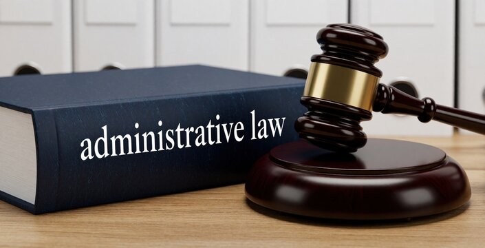 Thick blue book titled administrative law lies on wooden desk near wooden judge gavel. Legal hammer rests on round base in courtroom setting. Symbol of justice, government regulation, judicial