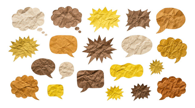 Set of crumpled paper speech and thought bubbles isolated on transparent background