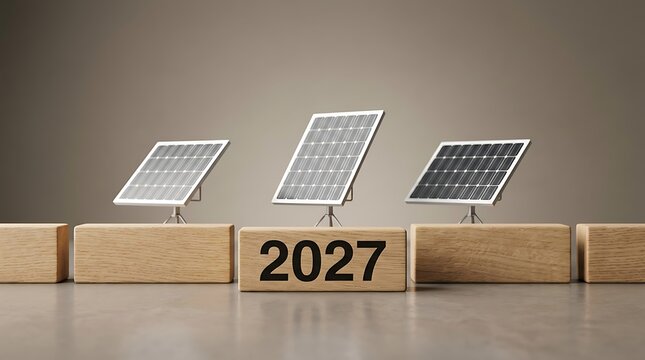 Minimalist composition with three small solar panels and the year 2027 in wooden blocks