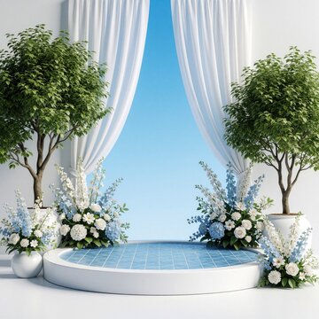Elegant white podium stage with blue tiles under bright sky. White curtains frame view of green trees, blue flowers. Minimalist 3D render of floral garden platform for product display wedding