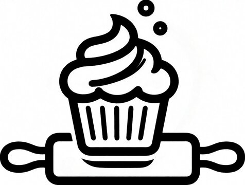 Simple black outline icon of tasty cupcake with swirl frosting on rolling pin. Minimalist bakery symbol for food menu kitchen app. Dessert sweets concept for cafe branding, pastry shop logo, cooking