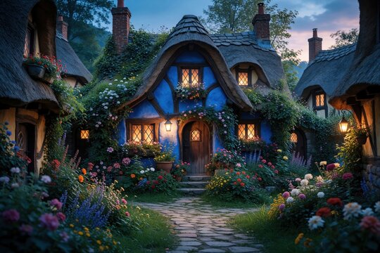 Charming blue cottage with thatched roof sits in garden. Colorful flowers bloom around cozy home during twilight. Warm light glows from windows, lanterns in quaint village. Peaceful fairytale house