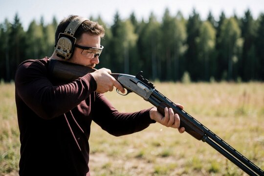 Man aims pump-action shotgun outdoors. He wears ear protection and safety glasses for sport shooting practice. Focused male shooter prepares for accuracy.