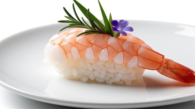 Fresh ebi shrimp nigiri sushi on white plate. Gourmet seafood dish decorated with rosemary sprig, small purple flower. Traditional japanese cuisine served in fine dining restaurant for lunch dinner.