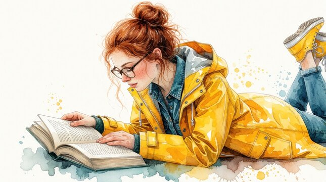 Young woman with glasses, red hair in bun, wearing yellow raincoat, lies down, reads open book. Watercolor illustration conveys cozy indoor outdoor reading atmosphere during rainy day. Relaxed pose.