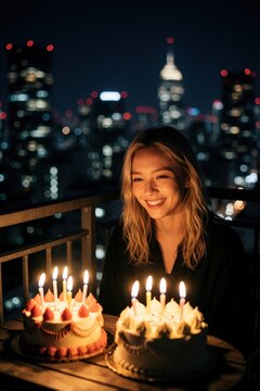 Smiling young woman celebrates birthday on city balcony at night. Two cakes with lit candles sit on table. Happy girl enjoys festive party with urban skyline view. Joyful moment of celebration under