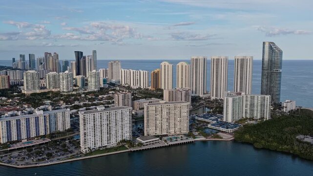 Miami buildings. Miami beach cityscape with skyscraper architecture. Cityscape aerial view on city skyline. Cityscape of Miami, Florida. Skyscraper cityscape of city in Florida, panoramic Miami