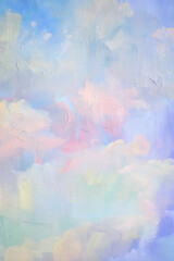 Fototapeta premium Pastel abstract oil painting showing soft, fluffy clouds in a colorful dreamlike sky, creating a whimsical and textured background