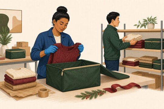 Post holiday ecommerce return inspection and restocking with reusable packaging