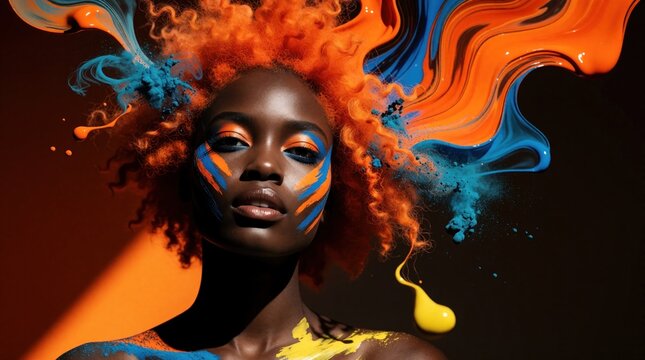 Woman with vibrant orange hair and bold blue and orange face paint. Abstract colors splash around her head, creating a dynamic creative portrait. Her expression is confident and striking.