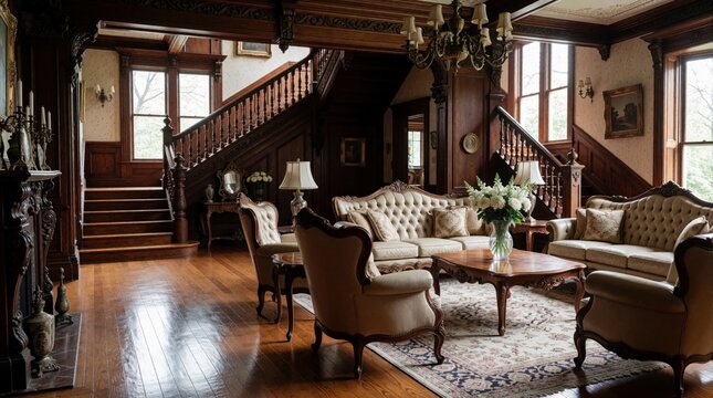 Luxurious vintage living room with dark wood walls, polished hardwood floors. Ornate staircase leads up in elegant mansion interior. Classic furniture includes plush sofas, armchairs, antique coffee