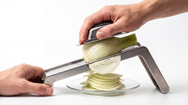 Hands Slicing Fresh Fennel Bulb on Mandoline Slicer on White Background Food Photography