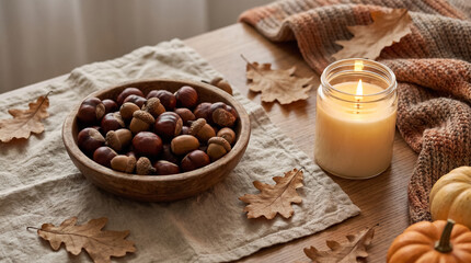 Fototapeta premium Autumnal table setting with glowing candle, seasonal nuts, and dried leaves creating a warm, cozy atmosphere